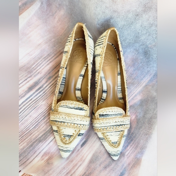 Tory Burch Cream and Black Striped Heels - Picture 2 of 2